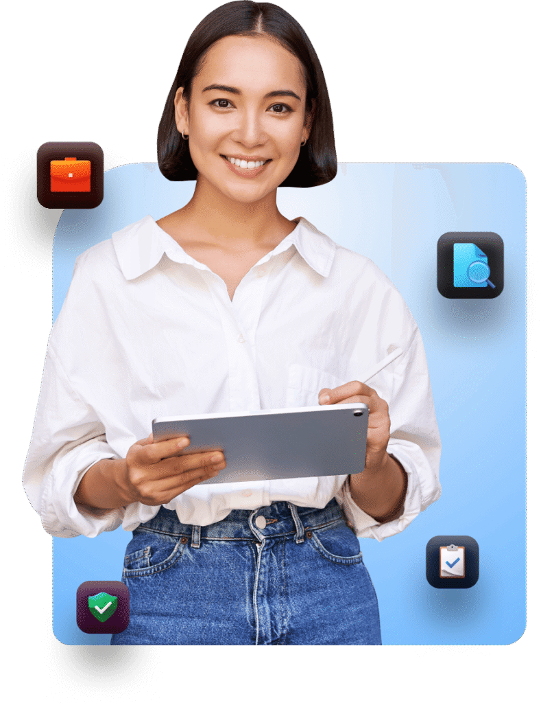 Smiling woman holding a tablet with business and productivity icons around her, representing remote work and outsourcing services
