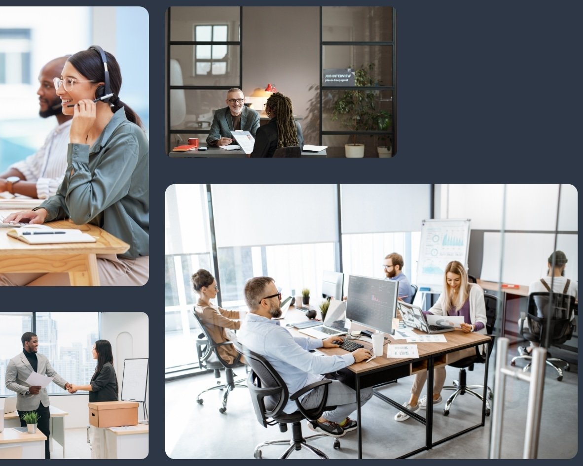 Collage of office workers representing outsourcing